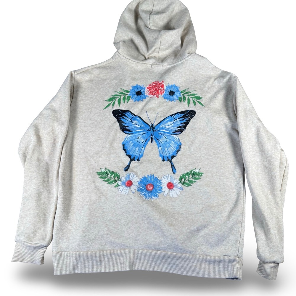 Butterfly Hoodie Sweatshirt Small Womens Oatmeal Heather Blue Floral Quarter Zip